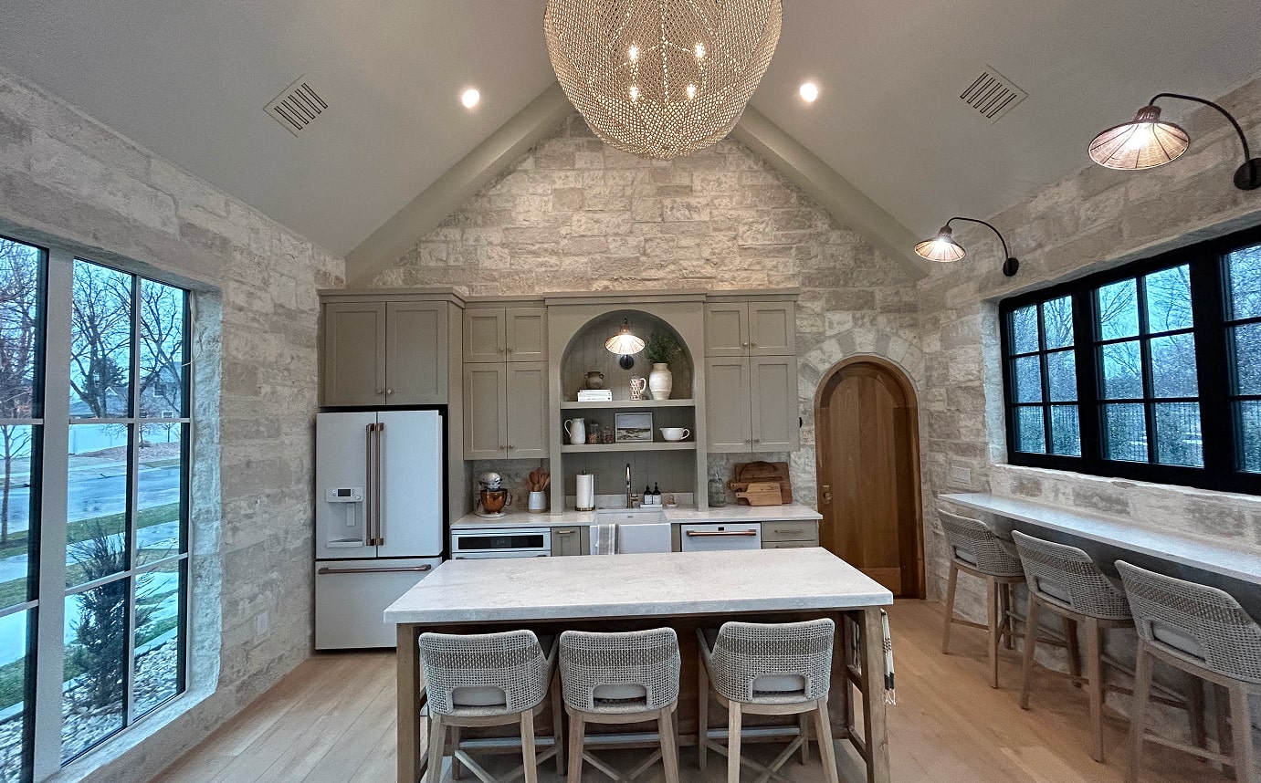 Kitchen and dining area remodeled into a European farmhouse theme.
